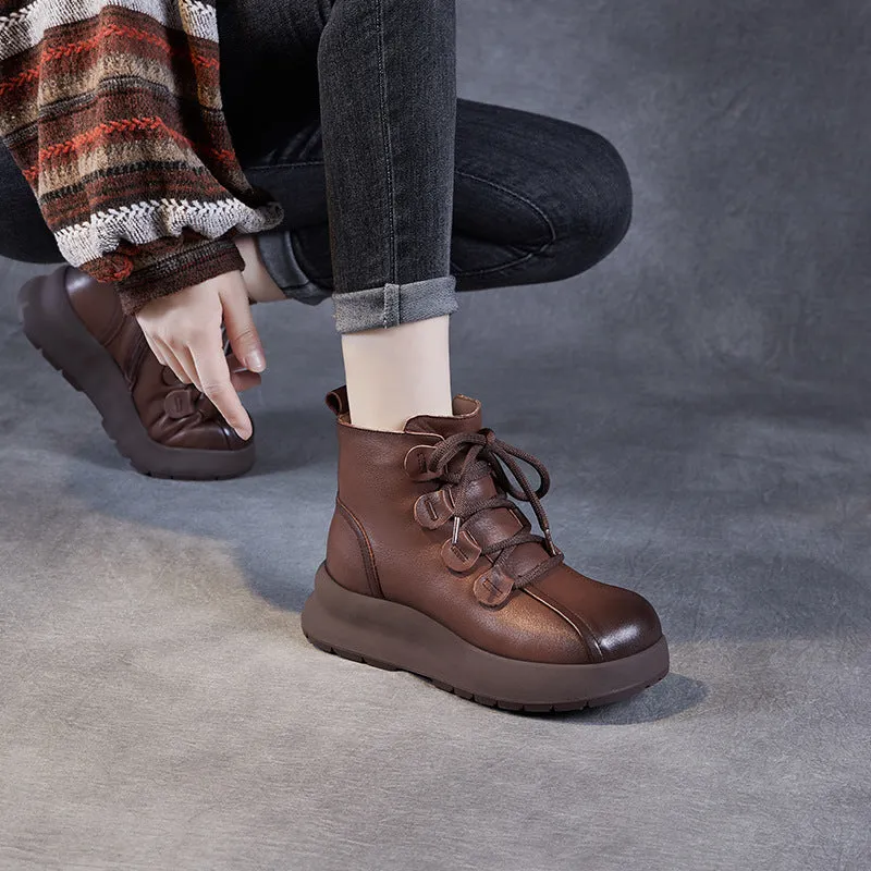 Women Vintage Leather Wool Furred Ankle Snow Boots