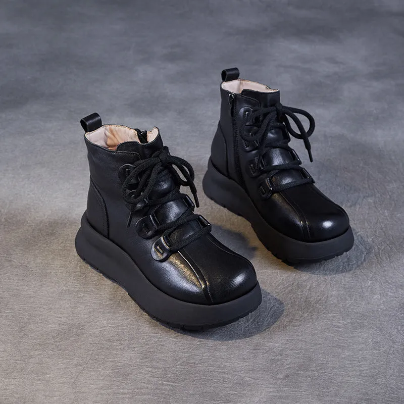 Women Vintage Leather Wool Furred Ankle Snow Boots