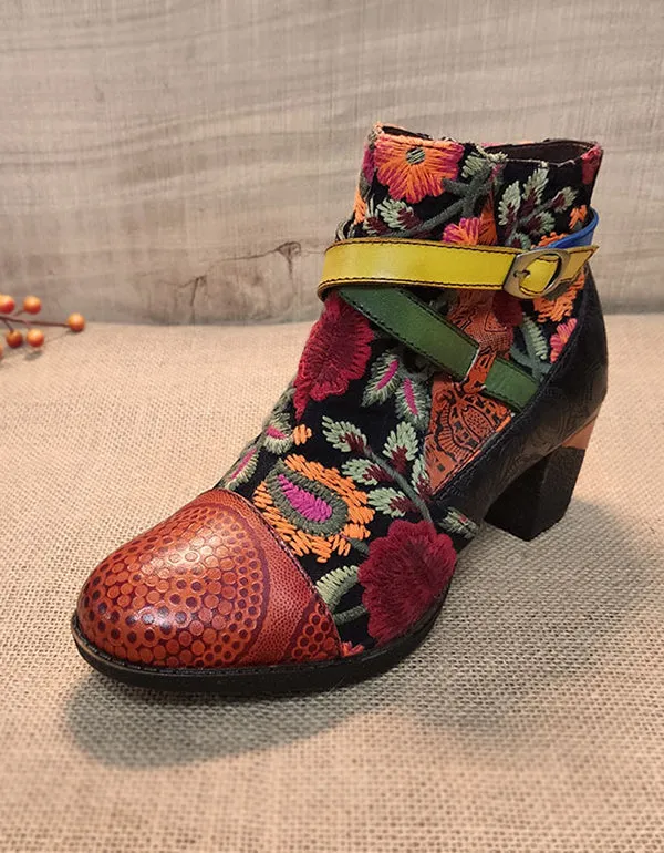 Women's Ethnic Cowhide Leather Middle Heel Short Boots 35-42