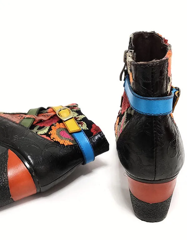 Women's Ethnic Cowhide Leather Middle Heel Short Boots 35-42