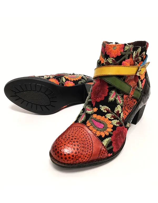 Women's Ethnic Cowhide Leather Middle Heel Short Boots 35-42