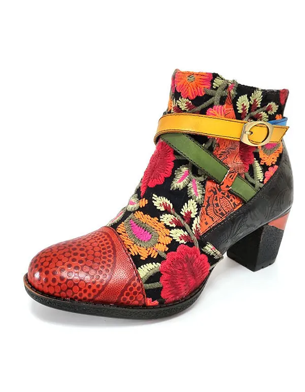 Women's Ethnic Cowhide Leather Middle Heel Short Boots 35-42
