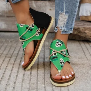 Women's Flip-Toe Flat Sandals with Back Zipper – Stylish Printed Summer Sandals for Casual Wear
