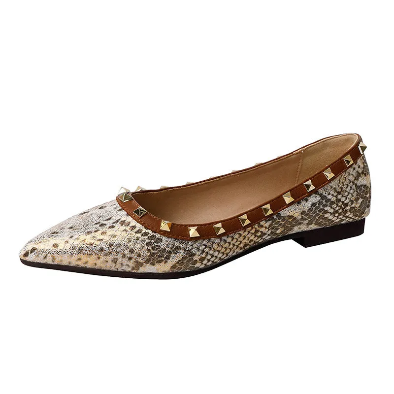 Women's Snakeskin Pattern Shallow Mouth Pointed Toe Flat Shoes